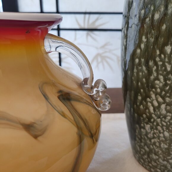 Rare 70s Dalian Art Glass Double Handled Vase - Picture 3 of 5